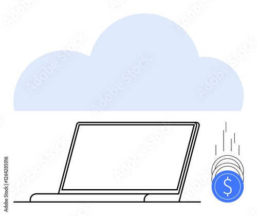 Laptop with large cloud in background, coins with dollar signs falling beside. Ideal for cloud computing, business finance, digital money, online services, startups, information technology, and cost photo