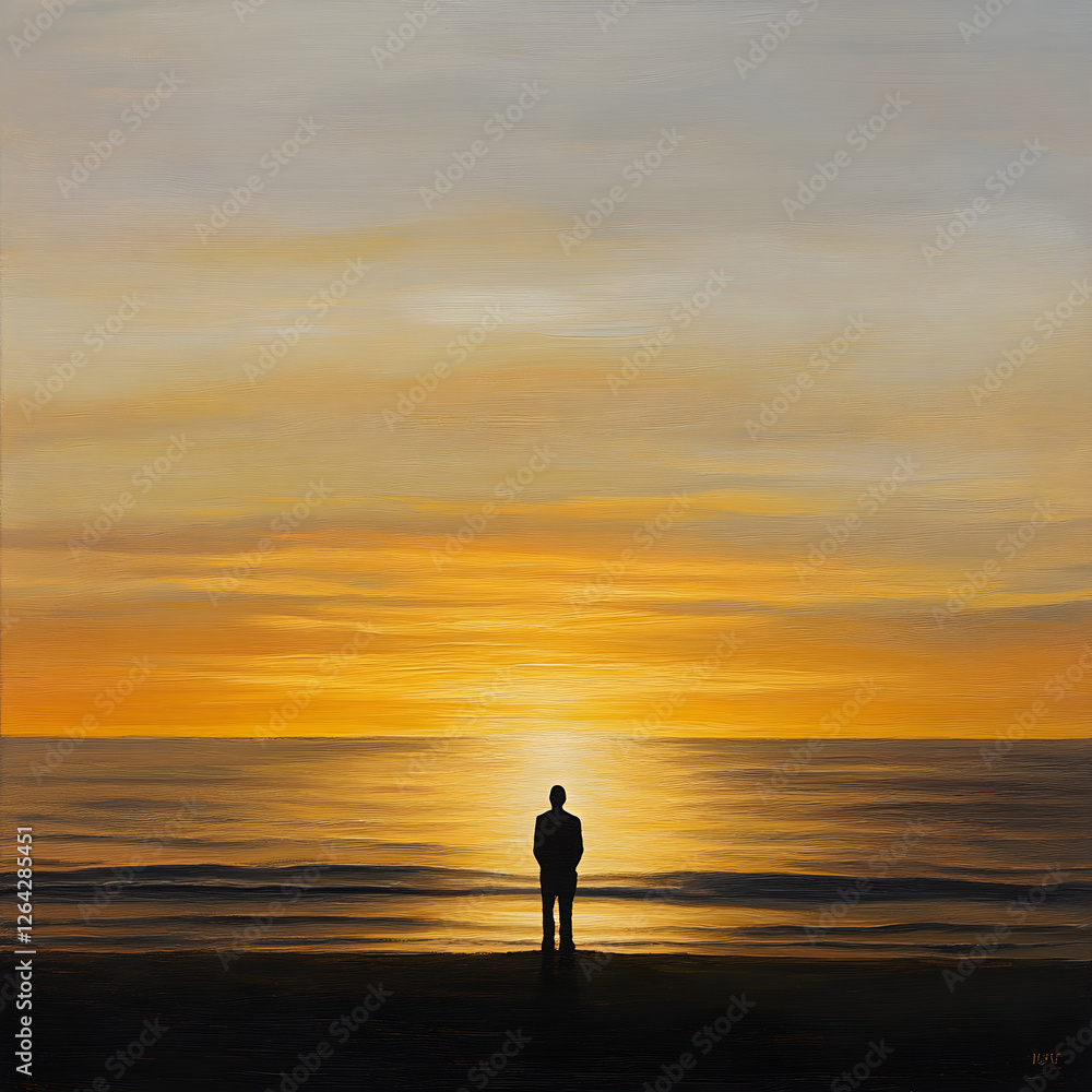 Solitary Reflection: A Person Contemplates Past Memories at Sunset on the Tranquil Beach Solitary Reflection: A Person Contemplates Past Memories at Sunset on the Tranquil Beach