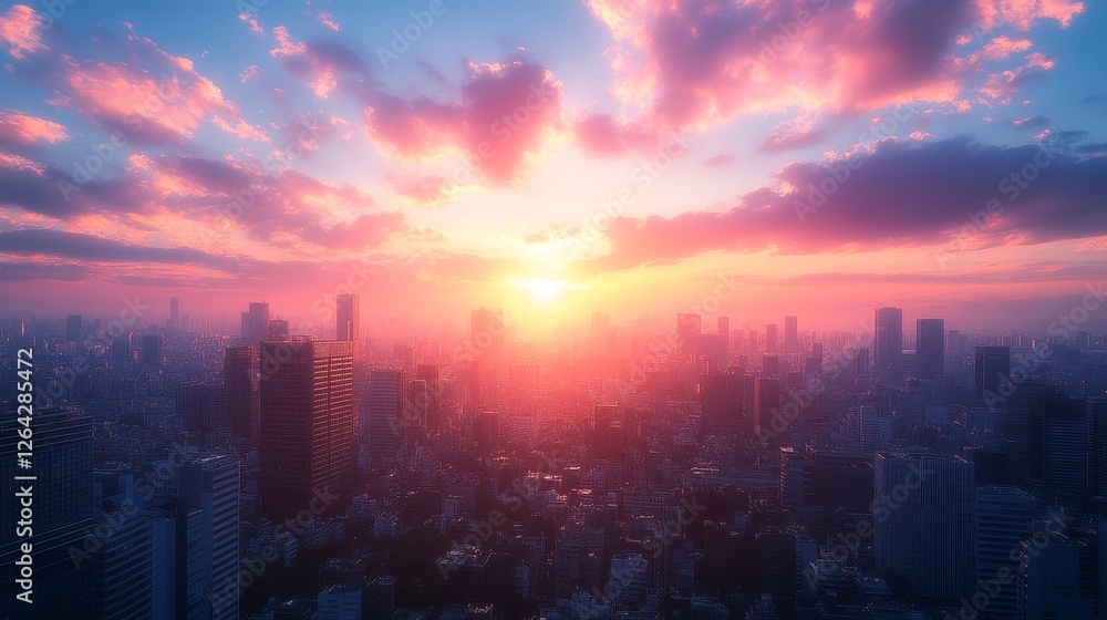Fototapeta premium Golden Hour Above the Metropolis Beautiful Urban Panorama at Dusk or Dawn with Stunning Light and Cloudscape During Blue Hour