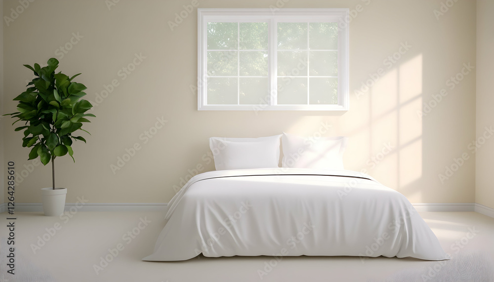 Fototapeta premium Bright, Minimalist Bedroom with Sunlight and a Plant near Window for Cozy Interior generative AI
