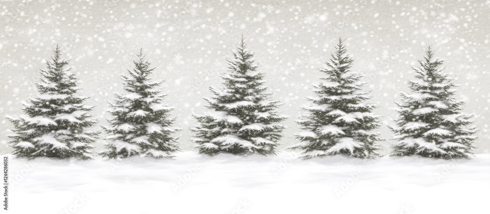Obraz premium Snowy landscape Four snow-covered pines under snowfall. Winter holiday card background