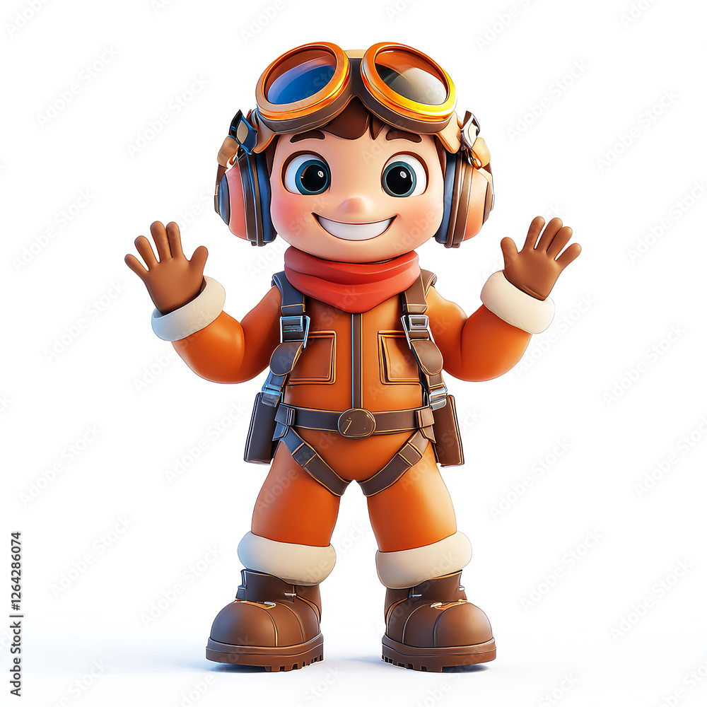 3D Render of a Happy Cartoon Boy Pilot: Smiling, Waving, Ready for Flight Adventure 3D Render of a Happy Cartoon Boy Pilot: Smiling, Waving, Ready for Flight Adventure