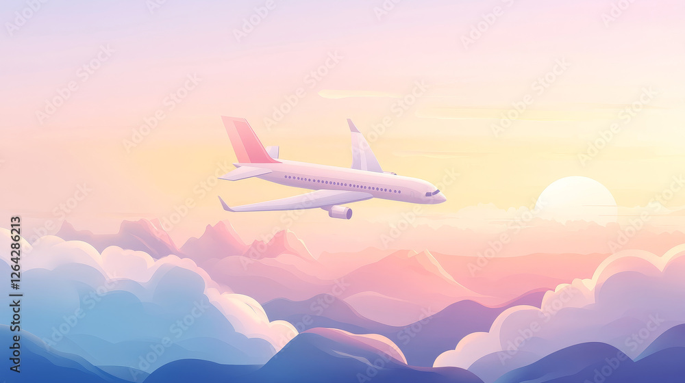 3d plane flight takeoff in sky vector concept set. Jet fly in air scene illustration for commercial tourism design collection. International flying charter transport with blank wing mockup side view 3d plane flight takeoff in sky vector concept set. Jet fly in air scene illustration for commercial tourism design collection. International flying charter transport with blank wing mockup side view