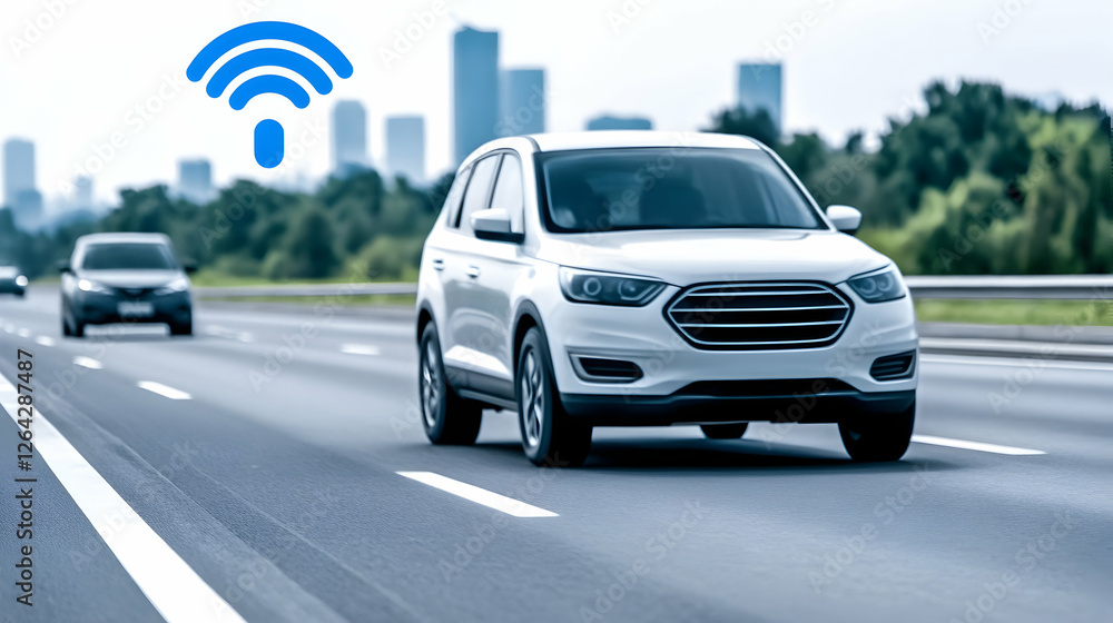 Modern car on highway driving safely with city background, for transportation sales generative AI Modern car on highway driving safely with city background, for transportation sales generative AI