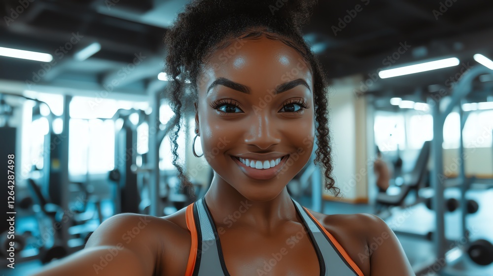 Joyful woman smiling in a gym setting. Joyful woman smiling in a gym setting.