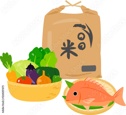 たくさんの米と野菜と鯛