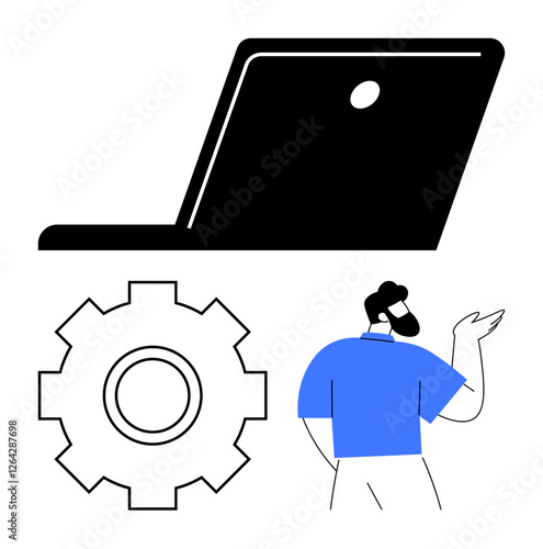 Person gesturing with hand near large gear and laptop, symbolizing technology, innovation, management, and digital workflow. Ideal for teamwork, project planning, IT services, tech training digital