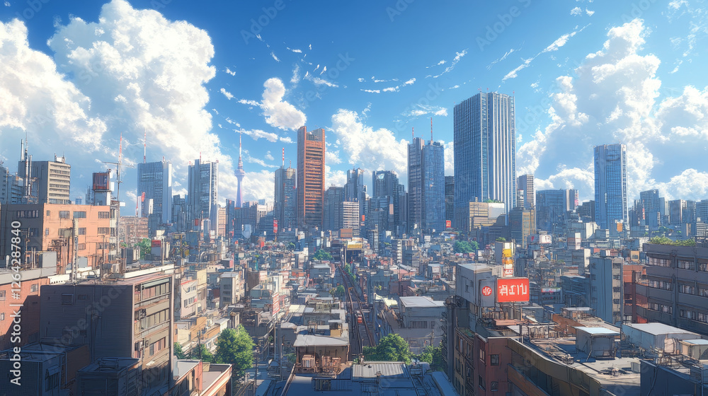 Obraz premium City downtown landscape with modern skyscraper buildings in in sunny day under blue sky with clouds. Cartoon vector illustration of cityscape with high rise architecture on skyline. Urban town street.