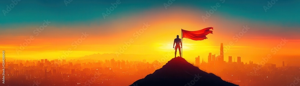 A hero figure standing at the peak of a hill A hero figure standing at the peak of a hill