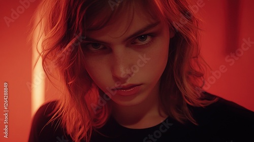 Red-lit Woman Intense Gaze Studio Portrait
