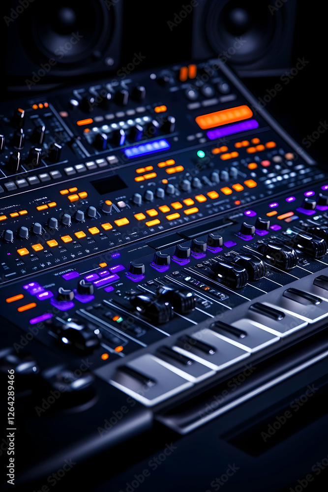 Close-up of music synthesizer with keys and dials, dark studio for music production generative AI Close-up of music synthesizer with keys and dials, dark studio for music production generative AI