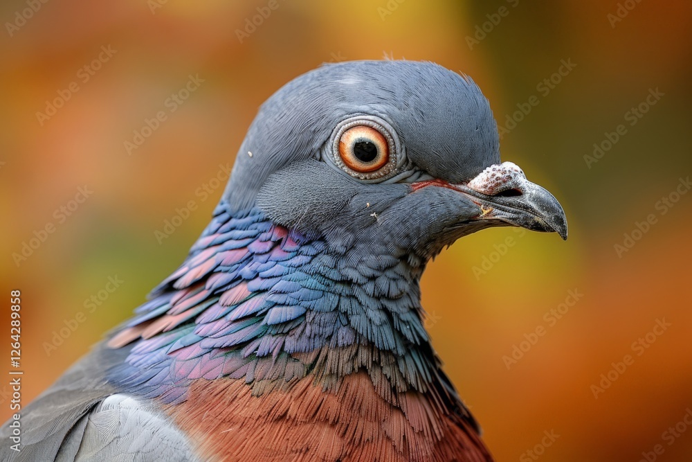 Fototapeta premium Close-up of a passenger pigeon with colorful plumage in shades of blue, pink, and orange, set against a soft background, capturing the beauty and intricate details of this extinct bird.