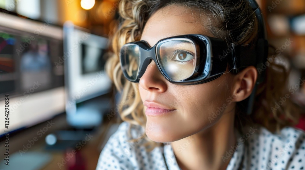 Woman with futuristic augmented reality glasses in tech-savvy workspace, focusing on digital innovation and advanced tools for modern problem-solving, highlighting vision and creativity... Woman with futuristic augmented reality glasses in tech-savvy workspace, focusing on digital innovation and advanced tools for modern problem-solving, highlighting vision and creativity...
