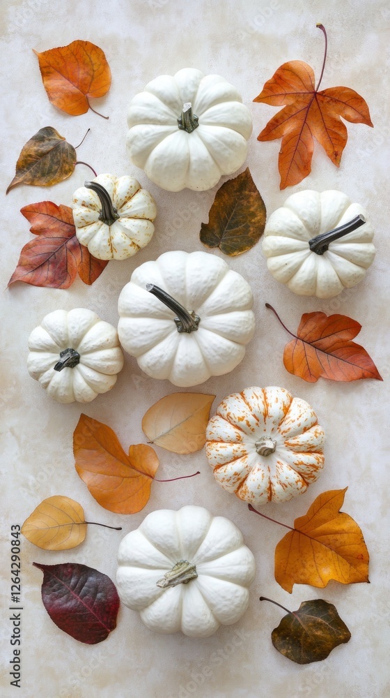 A collection of white pumpkins and autumn leaves arranged aesthetically. A collection of white pumpkins and autumn leaves arranged aesthetically.