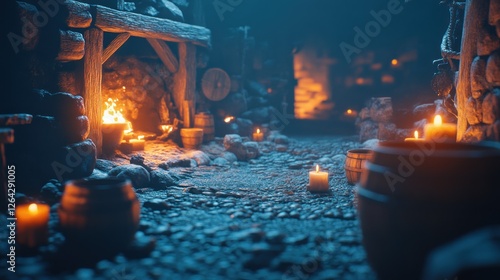 Dark cave path, candles, fire, medieval village background, game asset photo