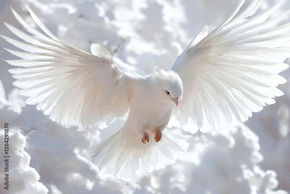 Fototapeta premium Dove Flying. White bird soars high in sky with wings spread. Symbol of hope