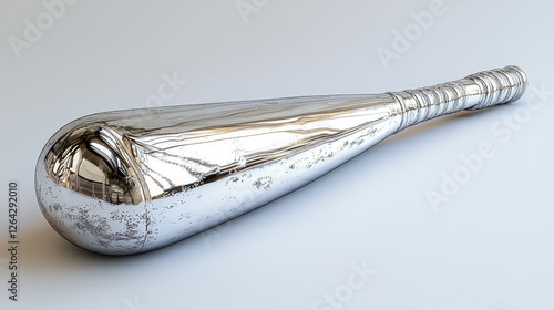 Metallic baseball bat resting on a smooth surface, reflecting light, with a minimalist background photo