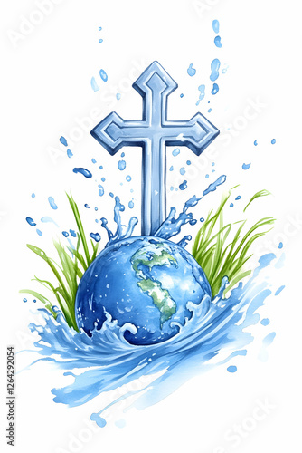 Cross stands on Earth globe with water splashes for religion or baptism concept generative AI