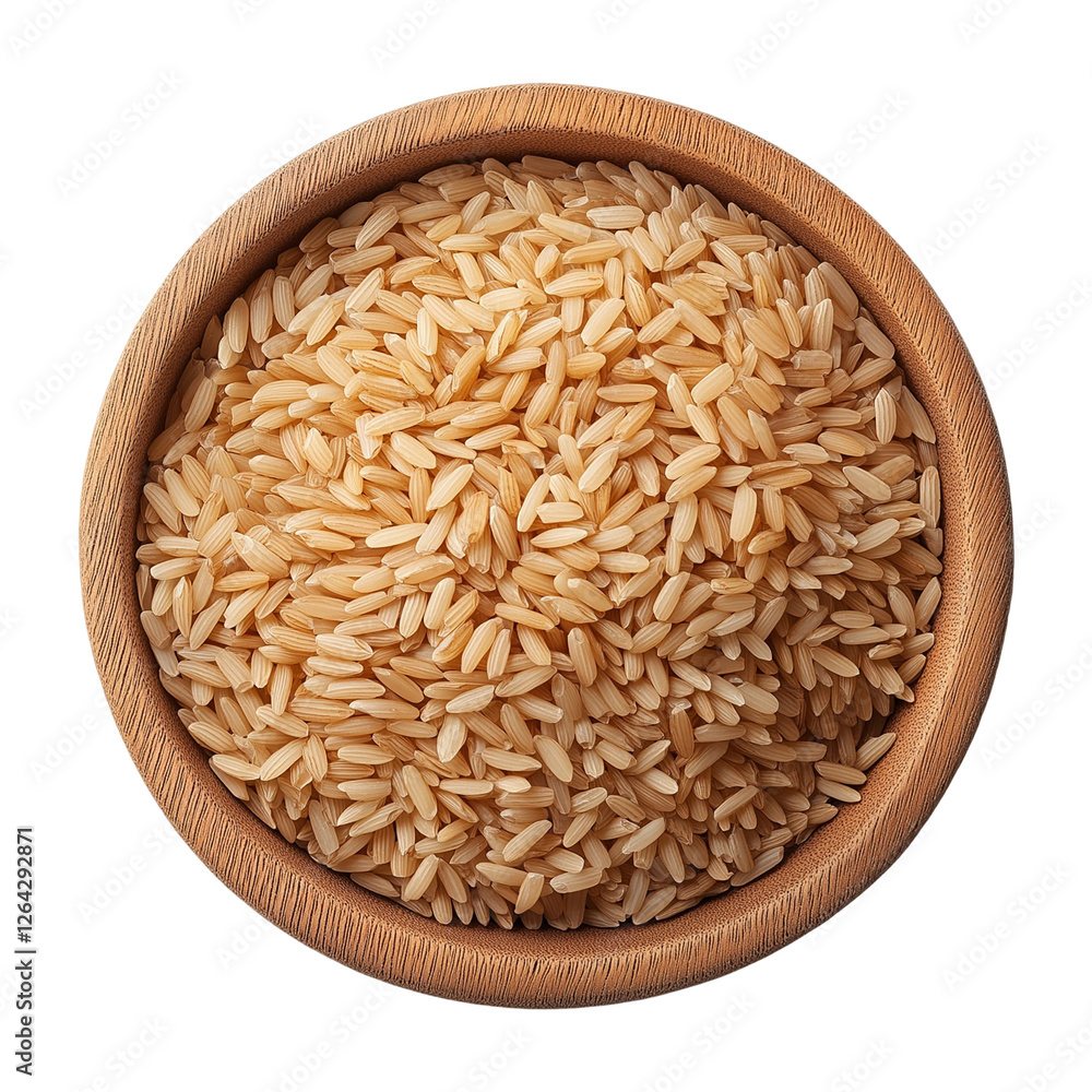rice in a wooden bowl top view isolated on transparent white background, clipping path