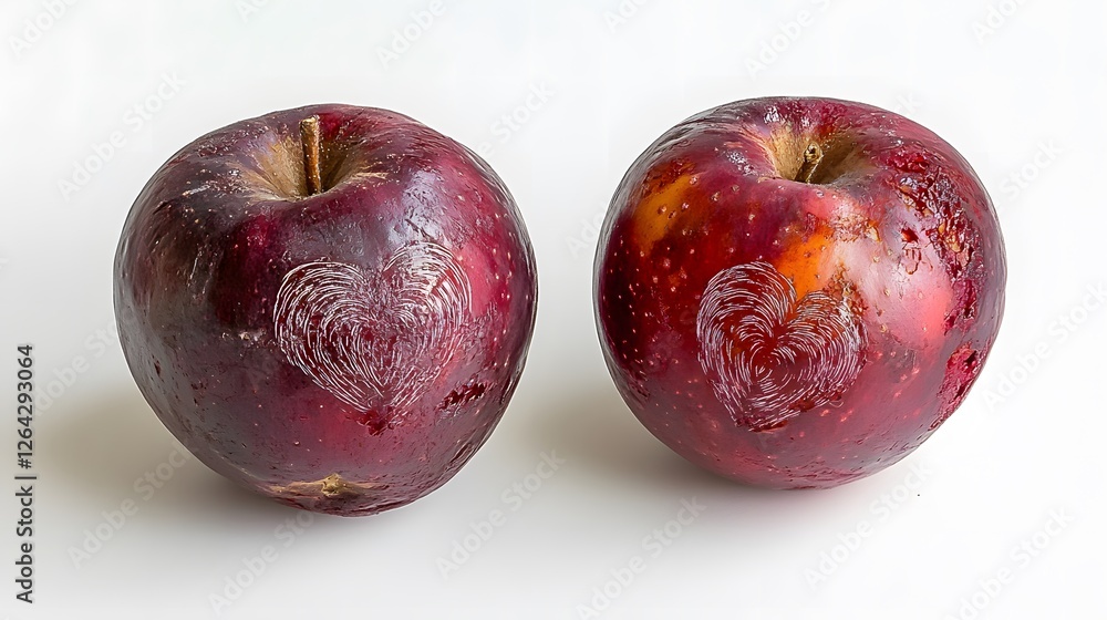 Obraz premium Apples with engraved hearts symbolize love and simplicity in a clean, minimalist presentation