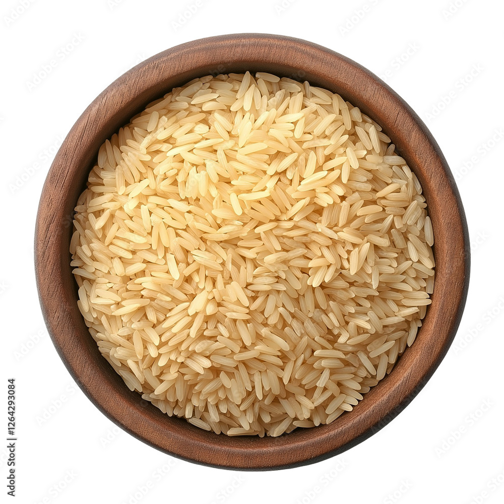 rice in a wooden bowl top view isolated on transparent white background, clipping path rice in a wooden bowl top view isolated on transparent white background, clipping path