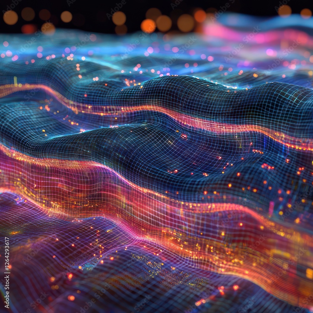 Obraz premium Neural networks visualized with interconnected luminous nodes, radiating digital cognition.