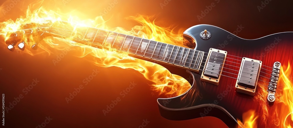 Obraz premium Flaming electric guitar, fiery background, music poster