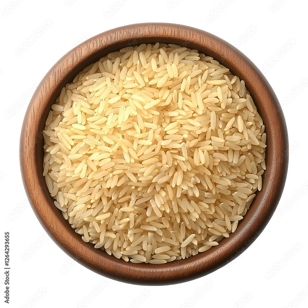 rice in a wooden bowl top view isolated on transparent white background, clipping path rice in a wooden bowl top view isolated on transparent white background, clipping path