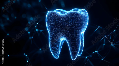 Digital molar tooth model in blue glowing network over dark plexus background generative AI