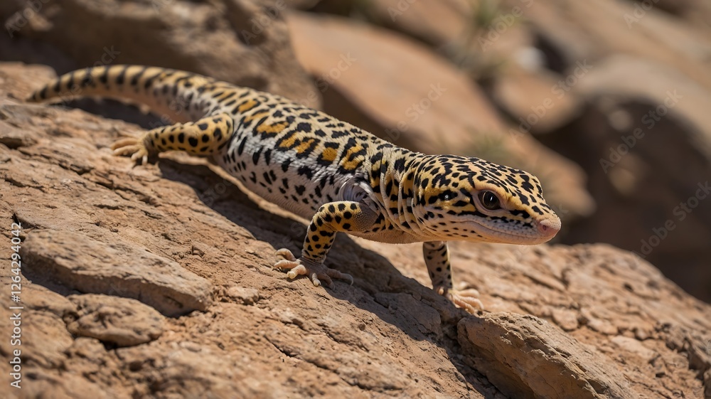 Leopard Gecko Stealthily Hunting for Insects in Rocky, Dry Landscape Leopard Gecko Stealthily Hunting for Insects in Rocky, Dry Landscape