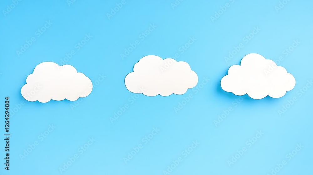 Three fluffy white clouds floating against a bright blue background, creating a serene atmosphere Three fluffy white clouds floating against a bright blue background, creating a serene atmosphere