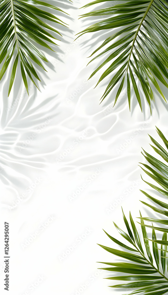 Palm leaves frame sunny water background. Summer beach vibes. For travel or resort generative AI Palm leaves frame sunny water background. Summer beach vibes. For travel or resort generative AI