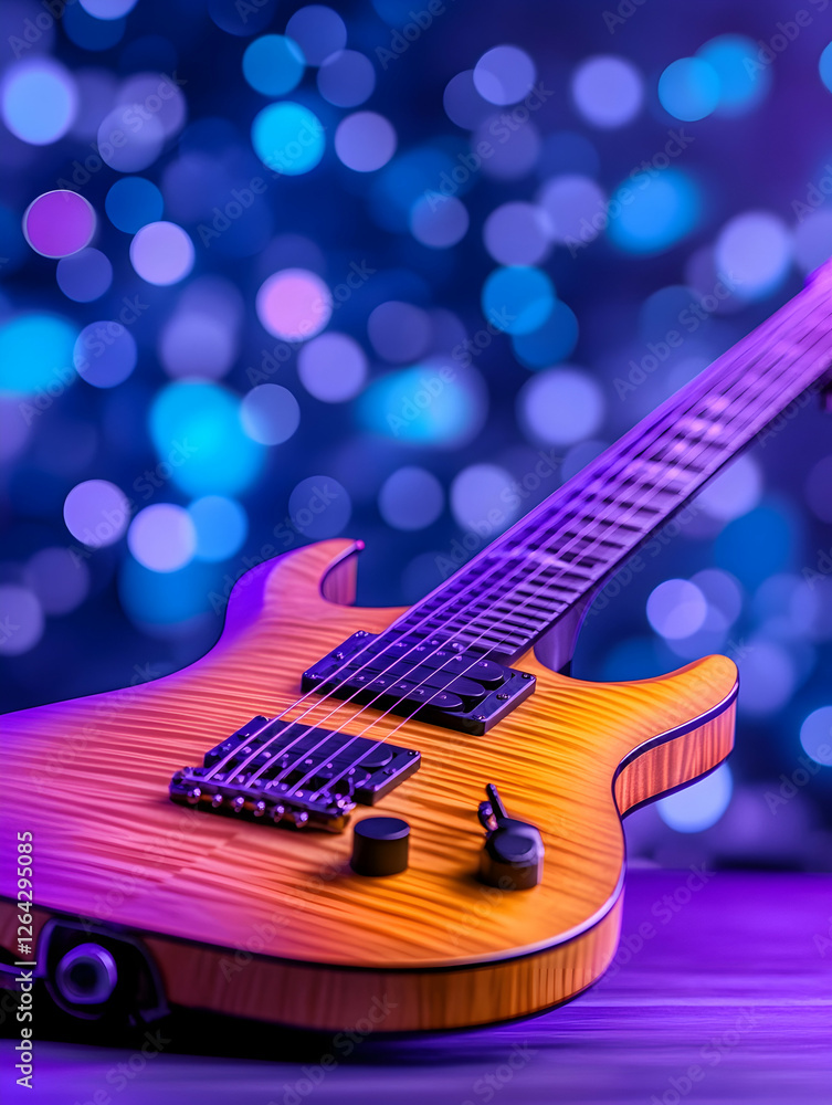 Obraz premium Electric guitar close-up on stage with a bokeh effect, ideal for music ads generative AI