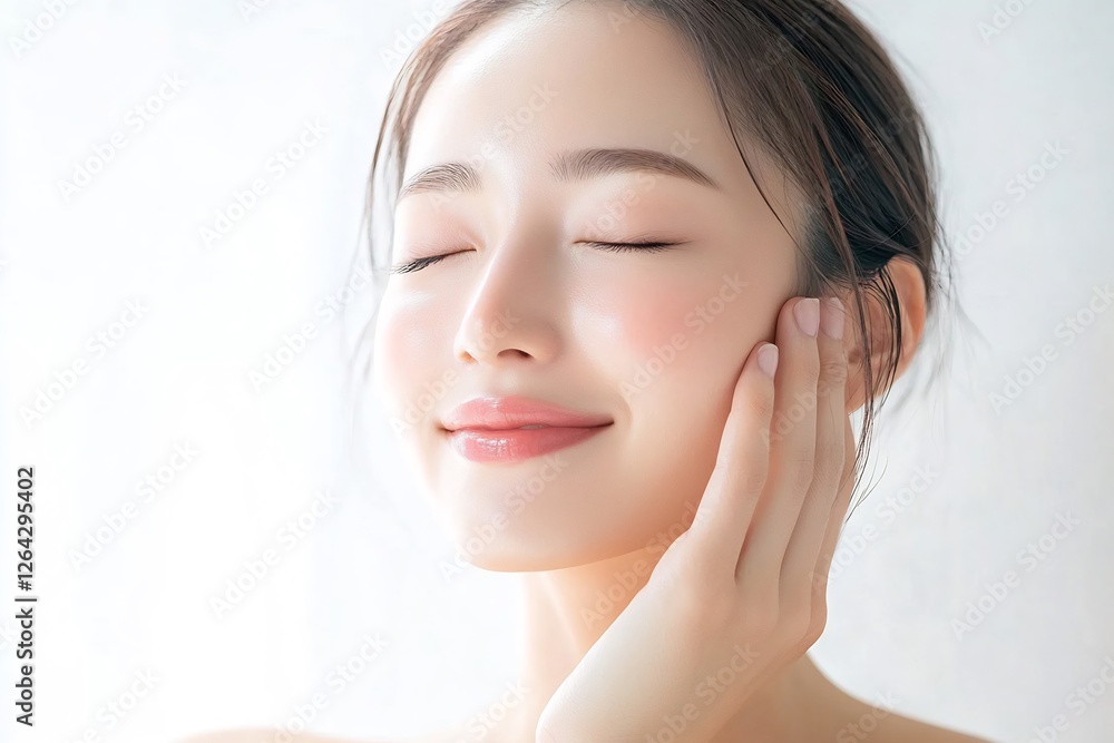 A beautiful Japanese woman with her eyes closed, smiling and gently touching the skin of her face, images for beauty and skin care
A beautiful Japanese woman with her eyes closed, smiling and gently touching the skin of her face, images for beauty and skin care