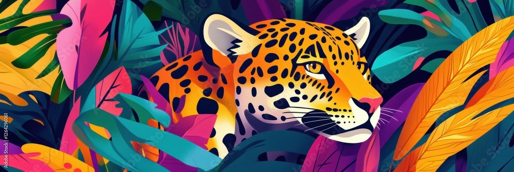 Obraz premium Vibrant jungle setting with a leopard camouflaging among colorful foliage in a tropical environment. Generative AI