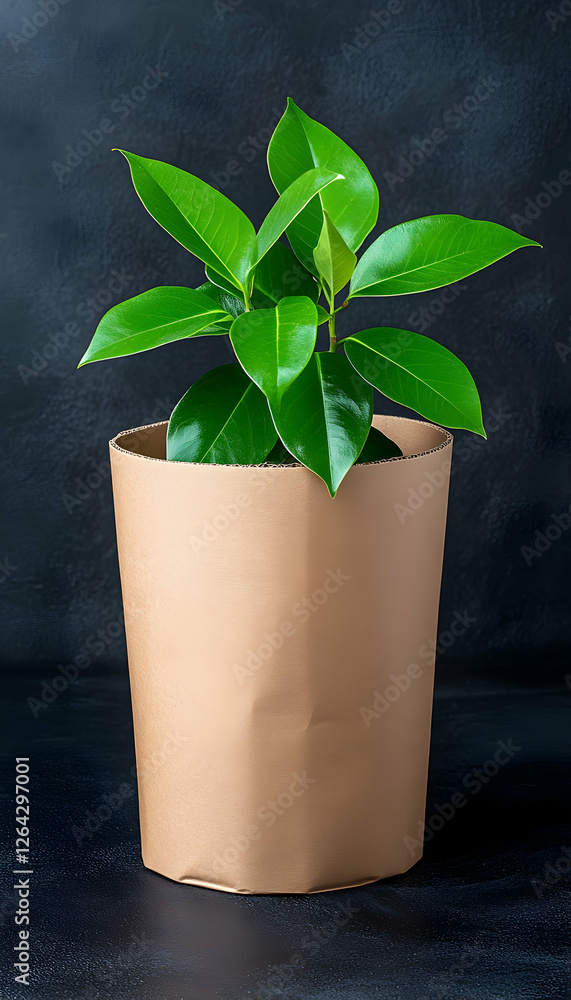 Plant growing in a brown paper pot against a dark backdrop, for home decor generative AI Plant growing in a brown paper pot against a dark backdrop, for home decor generative AI