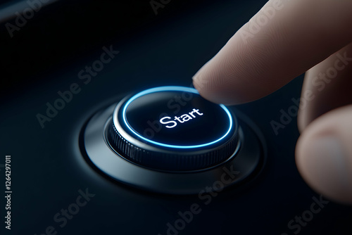 Finger pushes glowing 'Start' button on console. Use business, technology generative AI