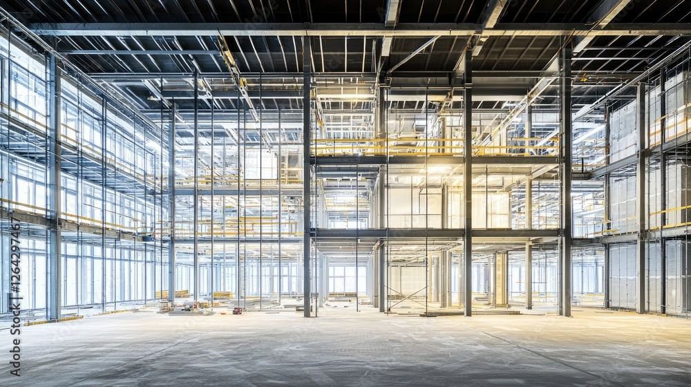 Fototapeta premium Modern industrial interior of a large warehouse under construction with bright natural lighting