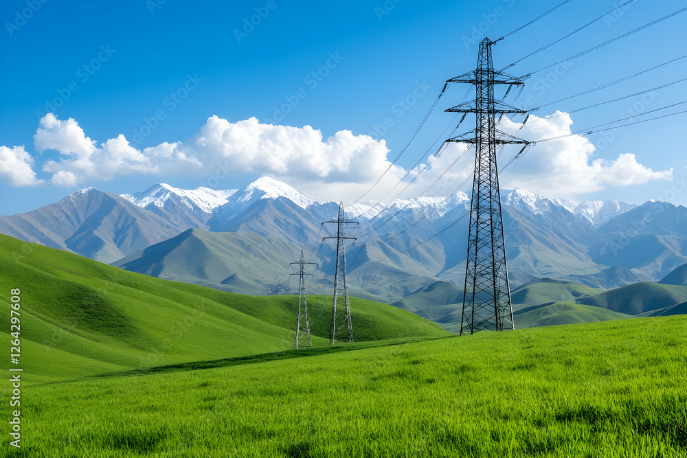 Power lines traversing green hills under blue sky with snowy mountains for energy generative AI Power lines traversing green hills under blue sky with snowy mountains for energy generative AI