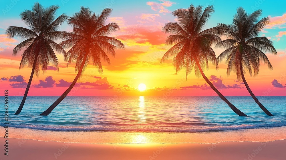 Obraz premium Vibrant Tropical Sunset Beach Scene with Palm Trees Silhouetted Against a Colorful Sky