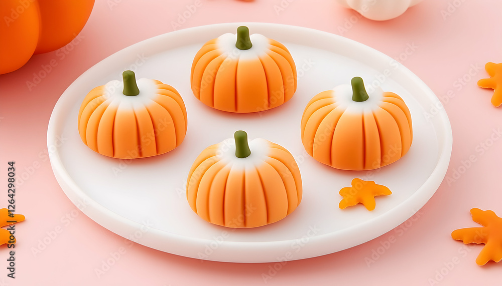 Pumpkin sweets on a white plate for autumn holiday treats, on pink background generative AI Pumpkin sweets on a white plate for autumn holiday treats, on pink background generative AI