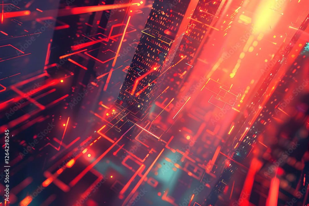 Obraz premium Abstract digital cityscape with glowing lines and structures, creating a futuristic atmosphere