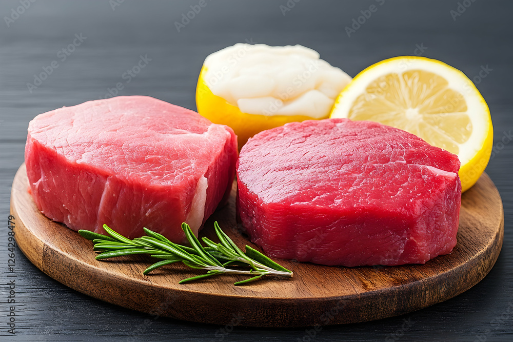 Raw fillet steaks with lemon and rosemary garnish arranged on a wooden board generative AI Raw fillet steaks with lemon and rosemary garnish arranged on a wooden board generative AI