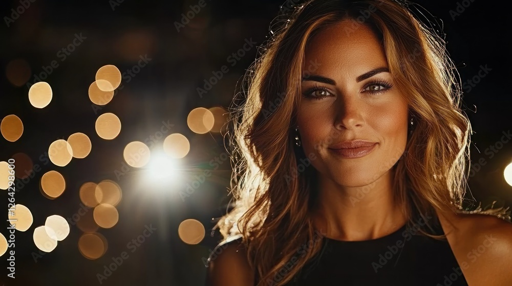 Woman smiling, night party, bokeh background, elegant portrait Woman smiling, night party, bokeh background, elegant portrait
