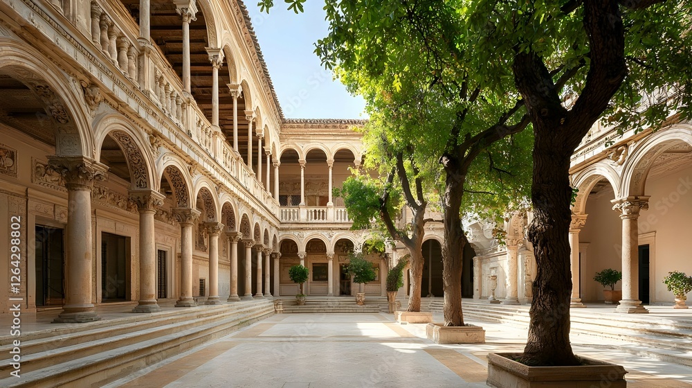 Fototapeta premium Sunlit Courtyard with Stone Columns and Lush Trees