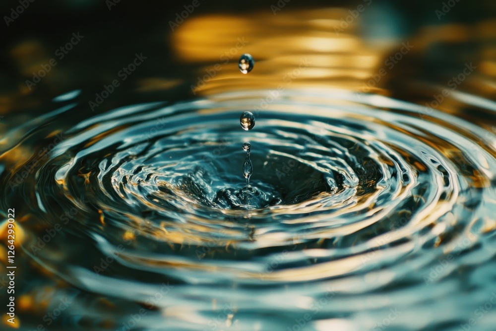 Water drop creates concentric ripples, reflecting golden light. Ideal for themes of purity, peace, or tranquility, evokes calmness and serenity. Water drop creates concentric ripples, reflecting golden light. Ideal for themes of purity, peace, or tranquility, evokes calmness and serenity.