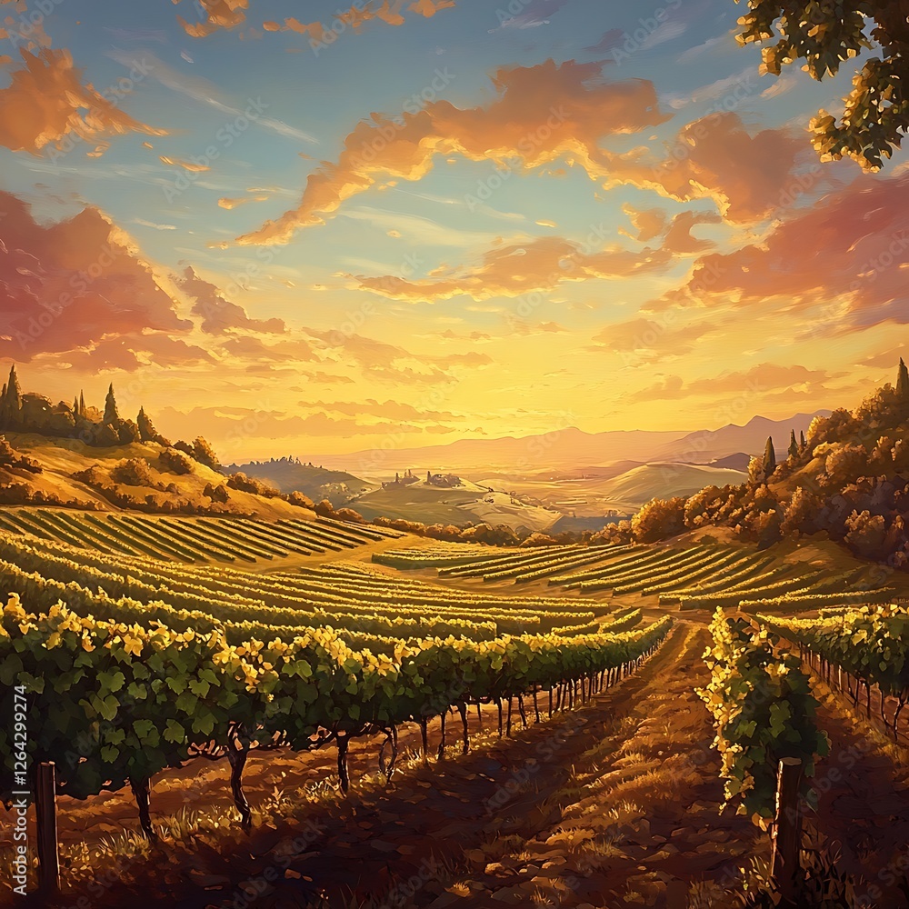 Fototapeta premium Vibrant Vineyard Landscape at Sunset with Lush Grapevines and Golden Skies