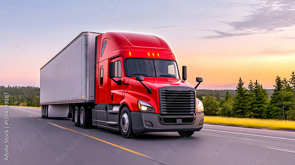 Red truck hauls cargo on road at sunset. Logistics and transport background generative AI Red truck hauls cargo on road at sunset. Logistics and transport background generative AI