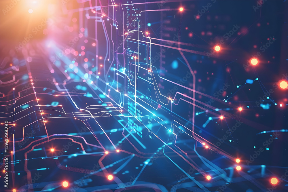 Obraz premium Abstract representation of digital data flow with glowing lines and nodes, symbolizing technology trends