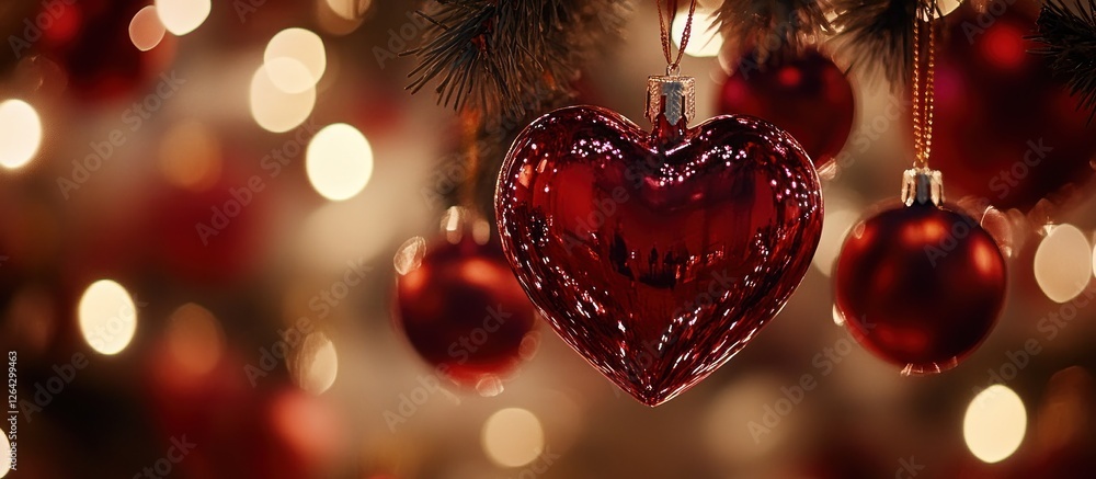 Red heart ornament hangs on Christmas tree, bokeh lights background Red heart ornament hangs on Christmas tree, bokeh lights background